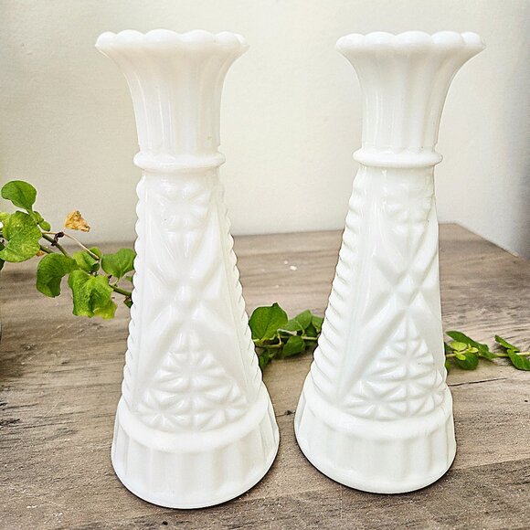 Other - 3/$25💕Vintage Milk Glass Flower Vases | Ornate Design | Set of 2